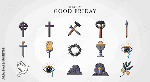 A solemn collection of Christian religious symbols and spiritual icons representing Good Friday, depicting the passion of Christ and sacred elements for faith-based designs