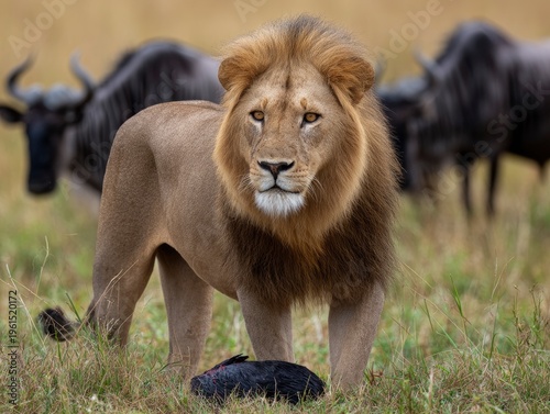 Lion standing in savannah with wildebeests.