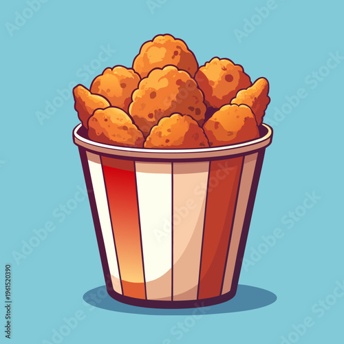 fried chicken in a red and white striped bucket isolated