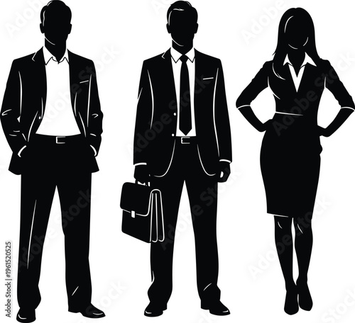Black silhouette illustration of three business professionals in corporate attire, including suits and briefcase, symbolizing teamwork, leadership, professionalism, and corp