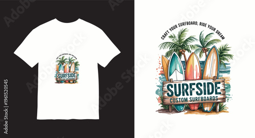 Surfside custom surfboards t-shirt design, vibrant illustration with multiple surfboards and palm trees