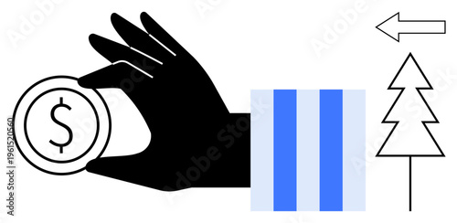 Finance, sustainability, direction, investment, minimalist design, environmental concept. Black hand holding dollar coin, arrow tree blue stripes. Finance and sustainability conceptual theme