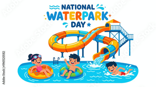 Happy National Waterpark Day celebration with children having a blast on thrilling water slides and splashing in the pool, enjoying summer fun
