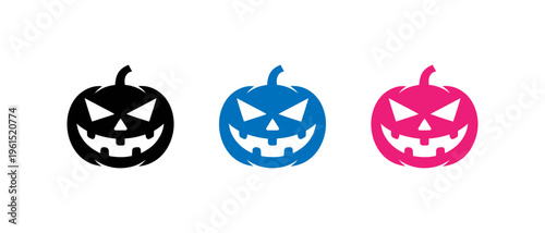 Three stylized pumpkin faces with spooky expressions