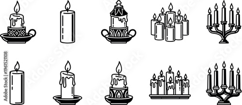 Candle Icon Vector Set Featuring Burning Candles, Candelabra, Wax Drips, and Decorative Light Elements for Religious, Romantic, and Holiday Design