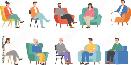 Diverse people sitting in chairs and armchairs featuring men women and seniors in casual and professional attire for waiting room or therapy office flat vector set