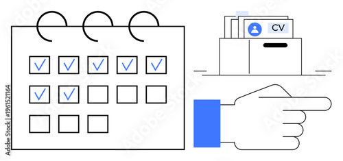Recruitment concept. Recruitment visuals with a calendar for planning, CV storage system, and selection process hand gesture. Recruitment aids productivity and hiring workflows. Business, HR