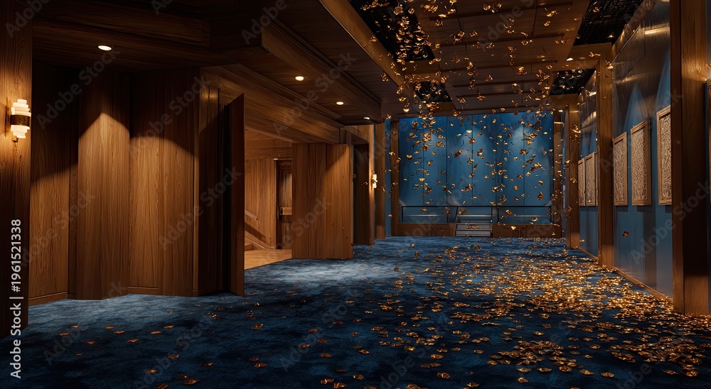 Fototapeta premium An interior walkway with wooden paneling, blue carpet, and falling golden leaves
