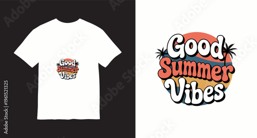Good summer vibes t-shirt design with palm trees and colorful stripes background