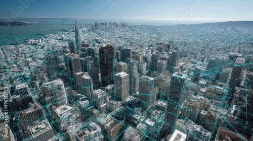 Aerial perspective shows a sprawling metropolitan area overlaid with a glowing digital network structure