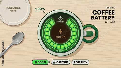 Creative Concept of Coffee Mug as a Digital Battery Charging Indicator for Energy and Vitality