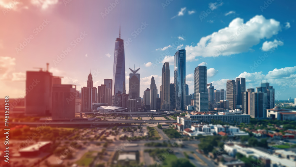 Fototapeta premium Modern city skyline with glass skyscraper towers at sunset evoking calm warmth