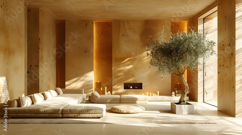 Modern Living Room Minimalist Warm-Beige Plaster Light-Oak Contemporary Style Low Cream Sectional Round Stone Coffee Table Tall Olive Tree Linear Fireplace Textured Rug Soft Diffused Light 