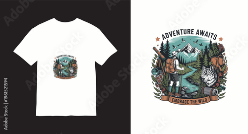 Embrace the wild vintage outdoor adventure graphic with hiker and wolf illustration