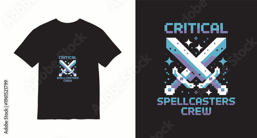 Critical spellcasters crew pixel art gaming t-shirt design featuring crossed swords and magic sparkles