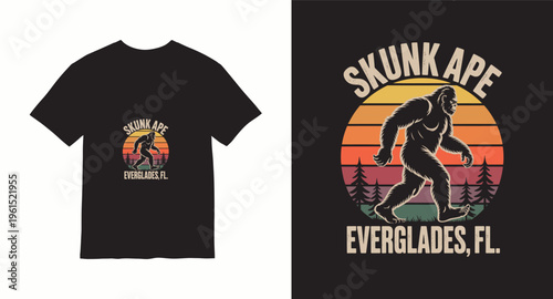 Skunk ape everglades florida vintage sunset bigfoot walking through forest t-shirt graphic