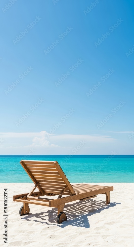 Fototapeta premium A wooden lounger sits on soft white sand looking out over the turquoise ocean under a clear blue sky during a peaceful summer afternoon, leisure, travel, outdoor