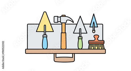 Colorful household cleaning tools on shelf.