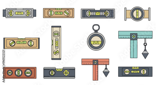 Colorful spirit levels and tools.