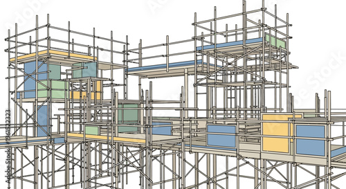 Scaffolding structure for building construction site.