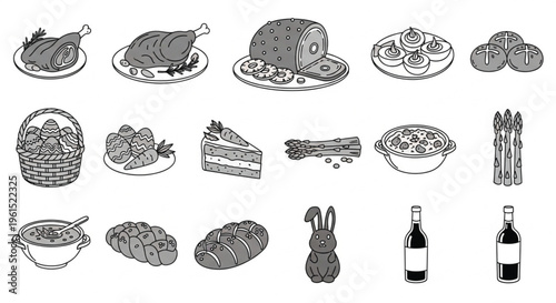 Easter Food Line Icon Set Ham Eggs Cake Bread Asparagus Basket Bunny Holiday Collection