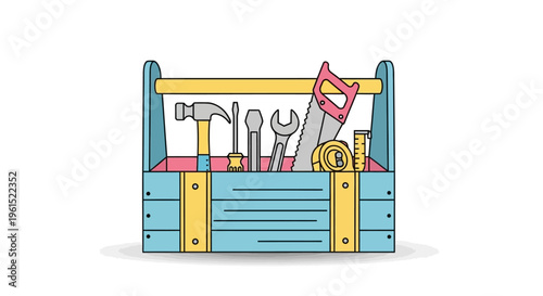 Open blue metal toolbox with tools.