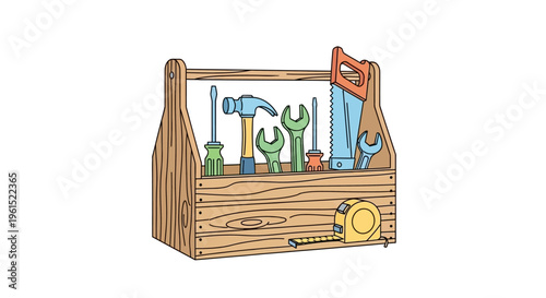 Colorful wooden toolbox with tools.