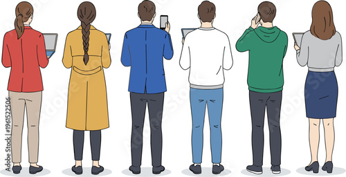 Rear view of diverse business professionals and office workers using laptops tablets and smartphones for modern digital communication and remote work flat vector