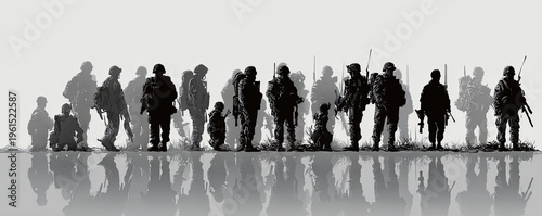 A line of soldiers standing in formation, silhouetted against a bright sky