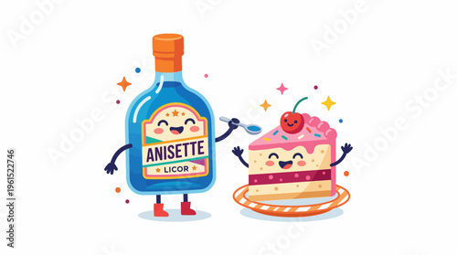 Aniseed liqueur bottle and slice of birthday cake having fun together, celebrating a special occasion or event with a sweet treat