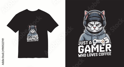 Cat gamer wearing headphones and beanie holding controller with text just a gamer who loves coffee