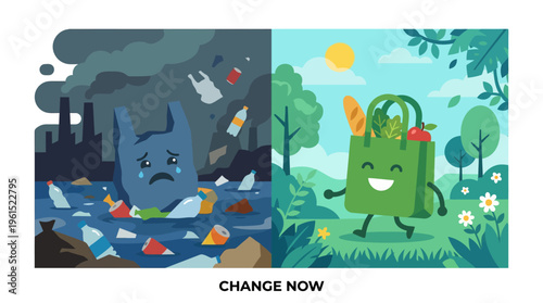 A compelling visual illustrating the urgent need for environmental change contrasting plastic pollution with a vibrant, eco-friendly future achieved through sustainable choices
