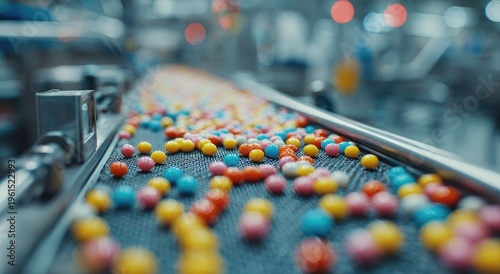 Colorful round candies on a conveyor belt in a bright, modern factory