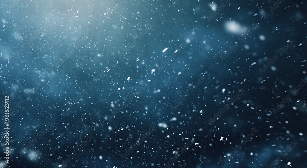 Fototapeta premium Falling snow crystals drift through a dark, moody, illuminated sky