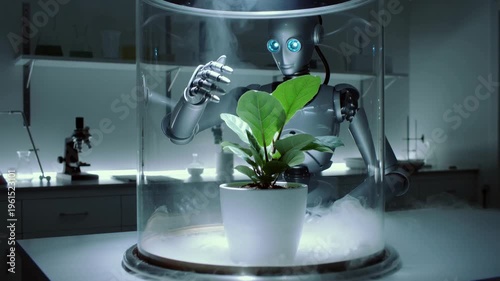 A futuristic robot gently holds a green plant in a laboratory setting, conveying a sense of scientific exploration and growth.