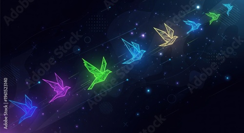 Colorful geometric birds soar across a dark night sky, illuminated with vibrant neon light effects and a backdrop of shimmering stars, representing flight, freedom, and imagination in a modern...