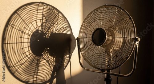 Two metallic fans, one casting a strong shadow on a wall, are illuminated by warm sunlight creating a play of light and shadow, showcasing a contrast of textures and forms.