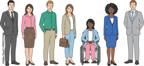Diverse business professionals and office team including a wheelchair user wearing suits and smart casual attire for corporate culture and inclusion flat vector set