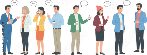 Diverse business professionals and office workers talking with speech bubbles holding coffee and using smartphones for networking and communication flat vector set