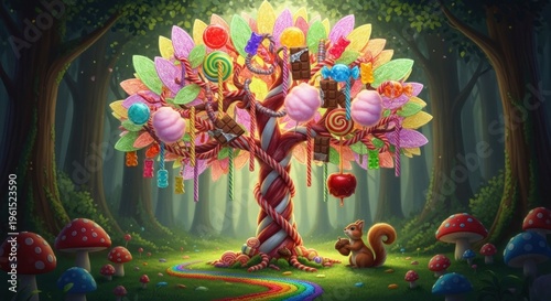 Fantastical illustration depicts a vibrant candy tree adorned with various sweets like lollipops, chocolates, and gummy candies in a whimsical forest setting, with colorful mushrooms and a cute...