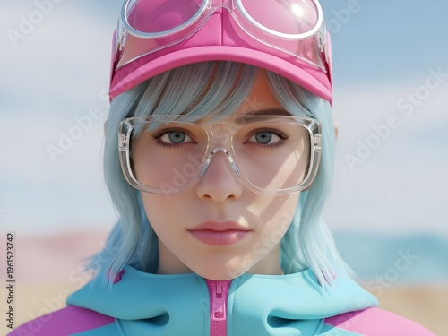 Hyperrealistic close-up of a woman with blue hair, pink cap, clear glasses, blue/pink jacket, posing outdoors.