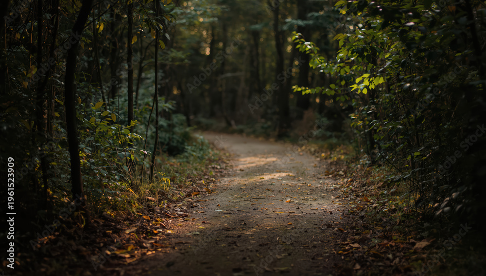 Fototapeta premium Forest path at dusk with soft sunlight filtering through leaves creating peaceful mood