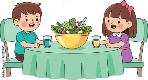 Cartoon illustration of boy and girl sitting at table with salad bowl, drinks, and green tablecloth representing healthy eating, childhood nutrition, and social mealtime