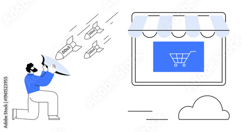 Cybersecurity, online protection, digital threats, e-commerce safety, data security, internet attacks. Person blocking missiles with shield near online store icon. Cybersecurity and e-commerce safety