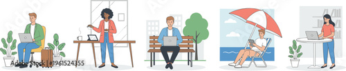 Diverse digital nomads and remote professionals working on laptops in different locations including beach park and home office for work life balance flat vector