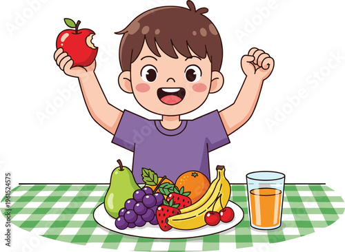 Cartoon illustration of happy child eating red apple at table with assorted fruits, orange juice, and checkered tablecloth promoting healthy nutrition and joyful mealtime