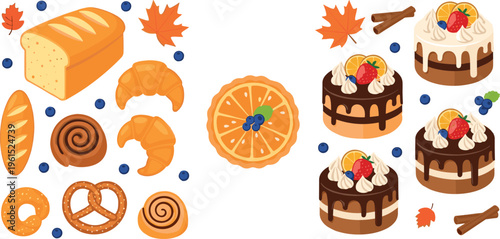 Autumn Bakery and Cake Vector Set Featuring Bread, Croissants, Pretzels, Fruit Cakes, and Pastry Desserts with Fall Leaves Decoration