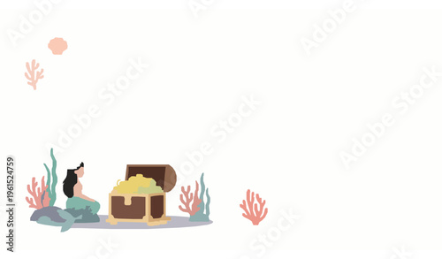 Minimal cute mermaid with treasure chest underwater flat vector illustration for nursery and kids design