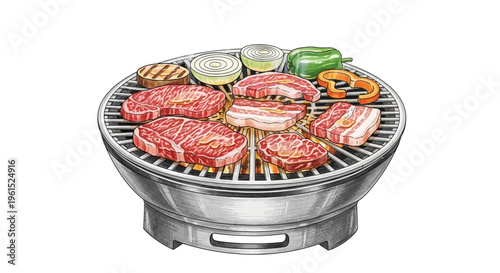Grilling raw meat and vegetables on a barbecue grill, top view.