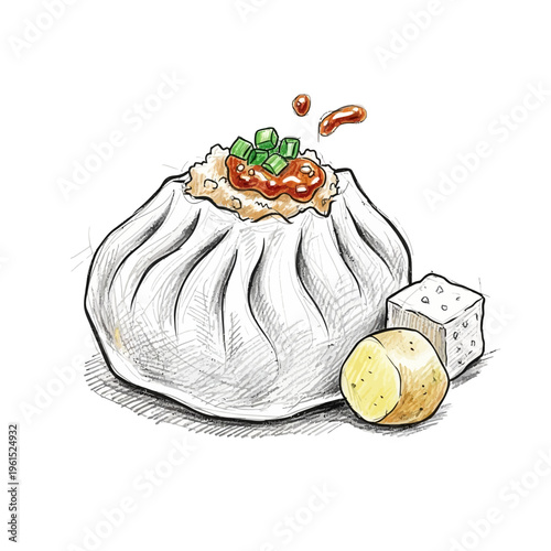 Hand-drawn dim sum dumpling with garnish and sides
